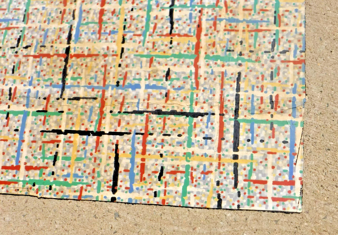 VTG~LINOLEUM FLOORING~L PIECE~45″x 60″~1950-60~MOVIE SET~MCM~GRAY GRID~PRIMARY E