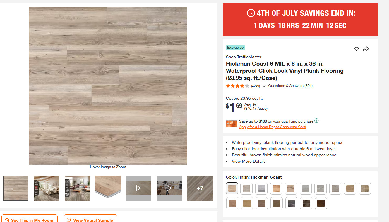 Pallet Sale – TrafficMaster Flooring Hickman Coast Pine 6×36 Vinyl Plank – 32