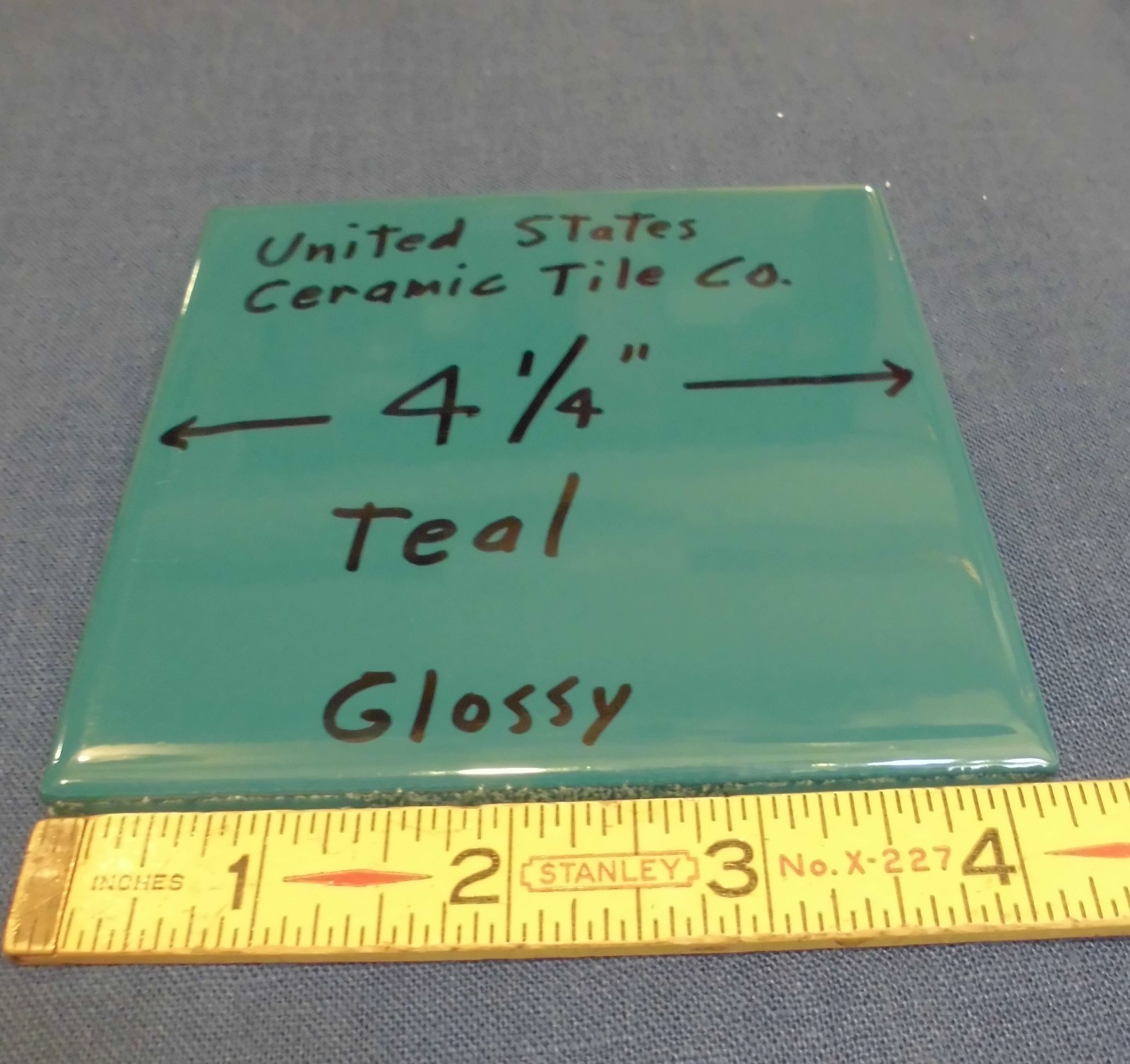 6 pieces Gloss Teal: 4-1/4″ ceramic tiles from the 1990’s, Made U.S.A. “NOS”