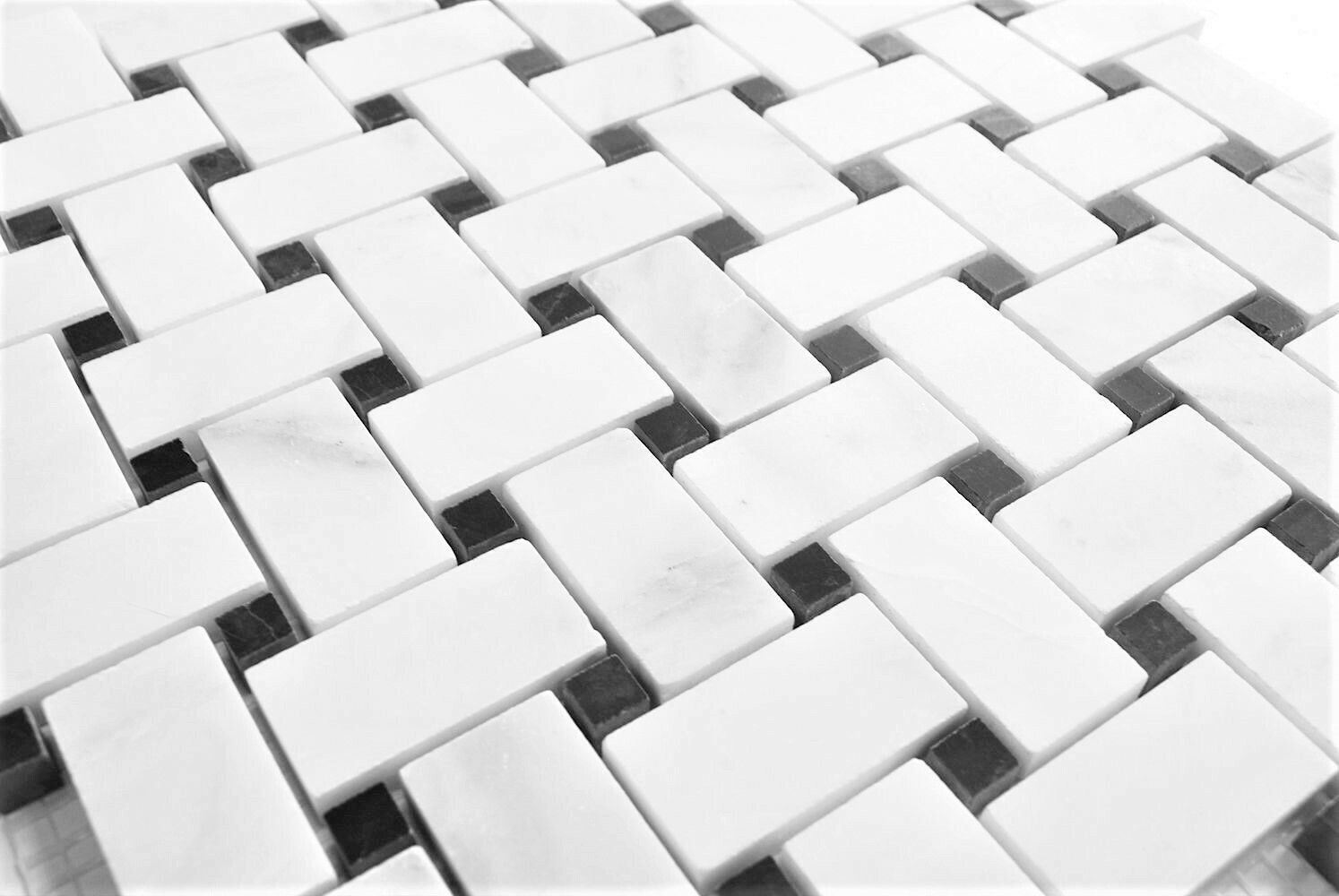 Carrara 1.2×2 Honed w/ Black Marble Dots Basketweave Mosaic Tile (BOX OF 10)