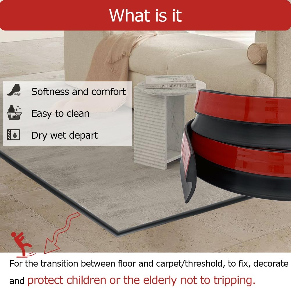 Aroilder Carpet Floor Transition Strip 10Ft, Self-Adhesive 10Feet, Black