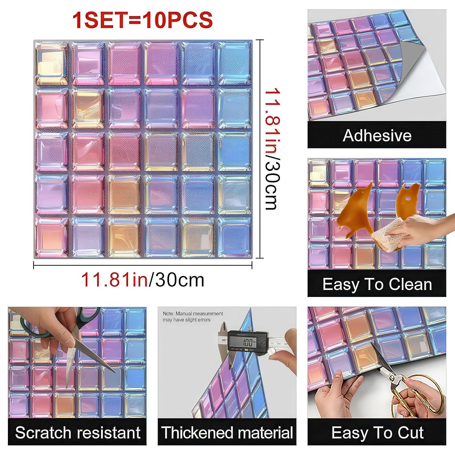10PCS 12×12 Inch Iridescent Pink Blue Gem Look Floor Tiles Peel and Stick Remova