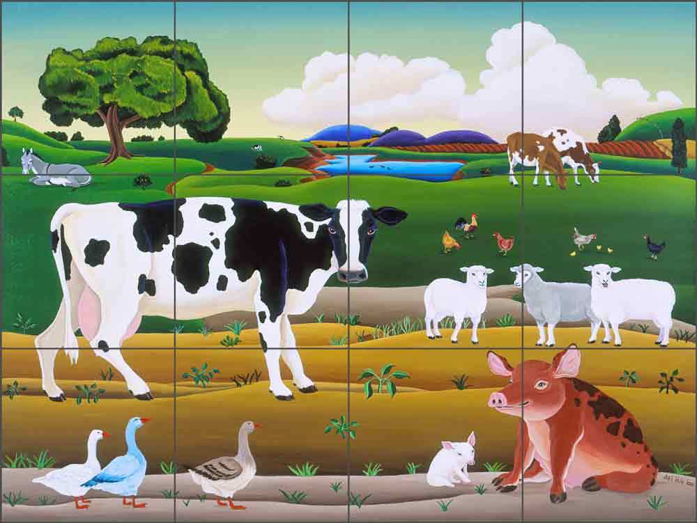 Animal Tile Backsplash del Rio Country Life Cow Pig Art Ceramic Mural POV-RR020