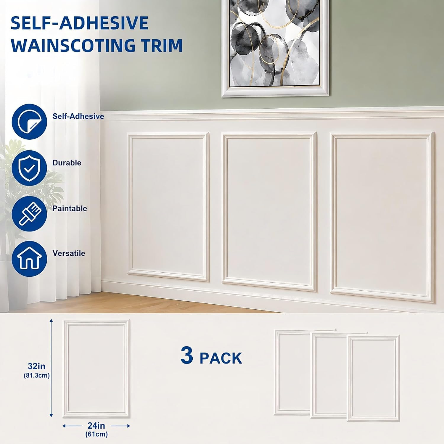 3 Set Peel and Stick Wall Molding Kit,Pre Cut Wainscoting Panels,24X32In | Self
