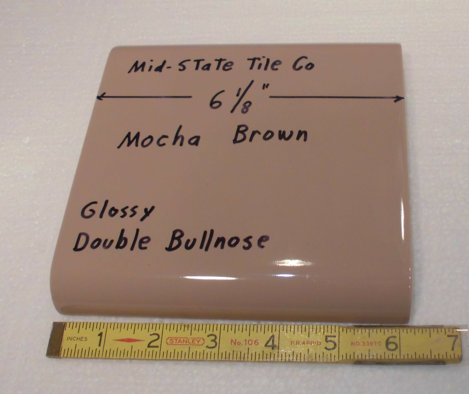 1 pc. Mocha – Brown 6″ x 6″ Double Radius Bullnose Glossy Ceramic Tile: NOS