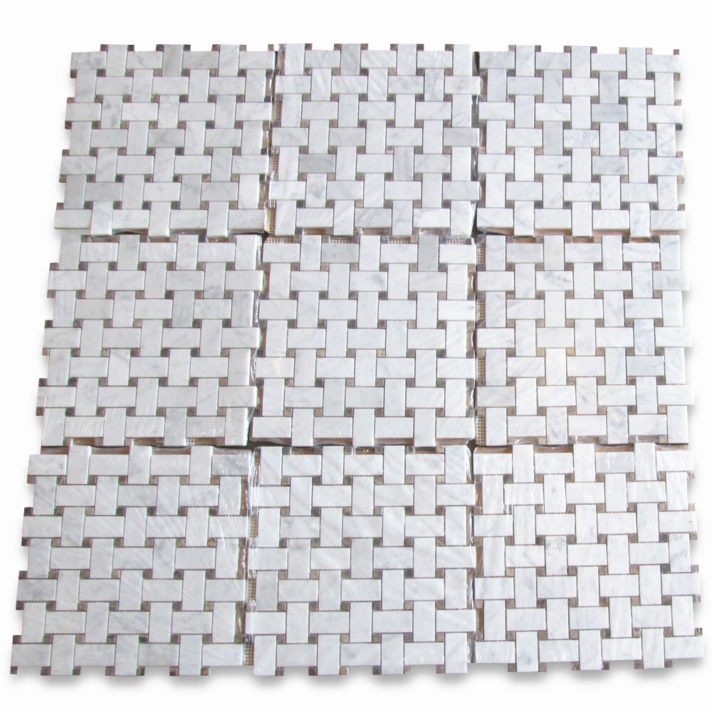 C654XH Carrara Venato Marble 1×2 Basketweave Mosaic Tile Brown Dots Honed