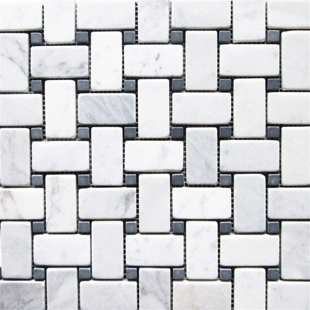 C651XT NonSlip Carrara Venato Marble Basketweave Mosaic Tile Black Dot Tumble