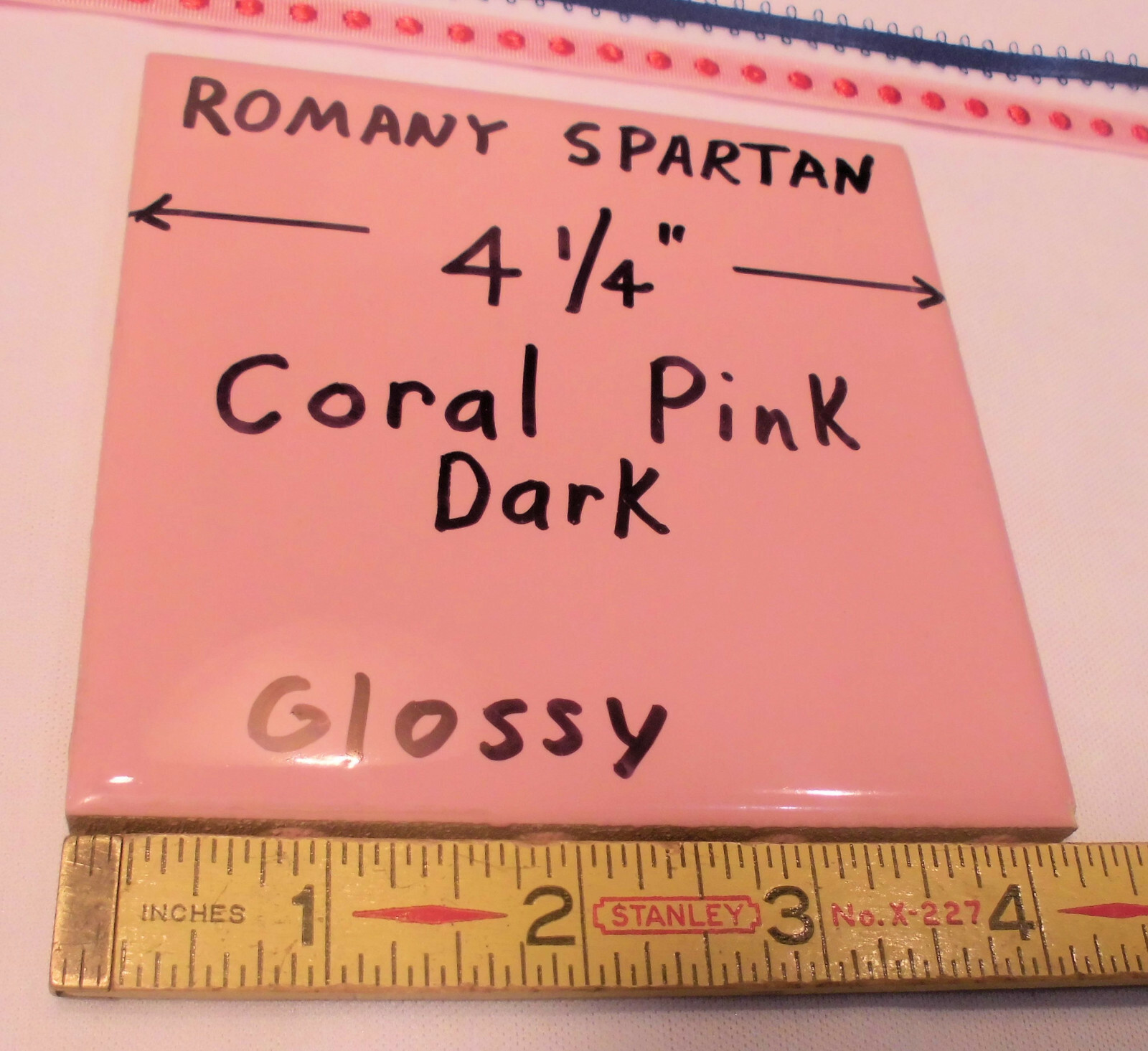 1pc. *Dark Coral Pink* 4-1/4″ Glossy Ceramic Tile; Romany Co. made 1940’s