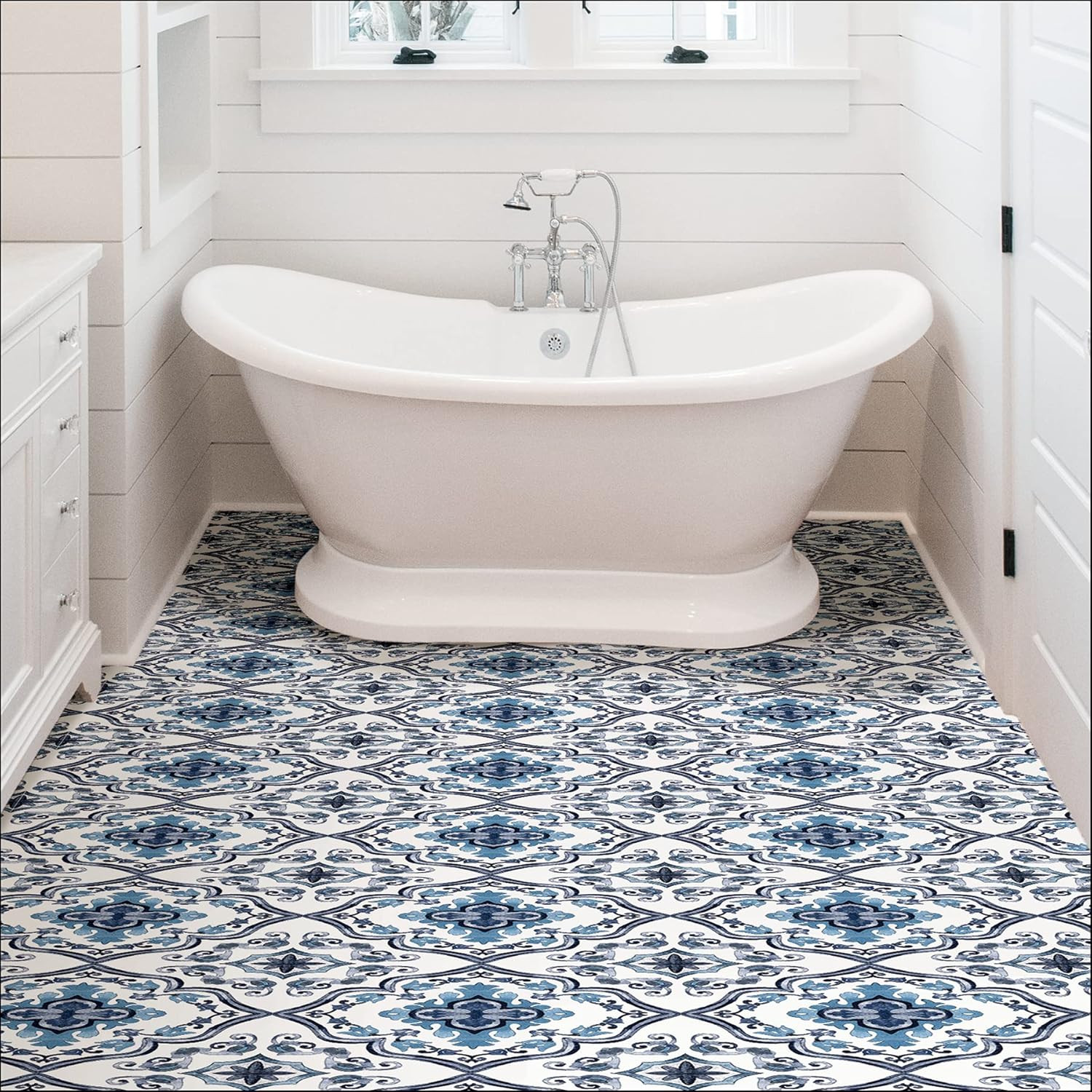 Marrakesh Peel and Stick Floor Tiles, Blue, Floral Vinyl Floor Tiles, Water Resi
