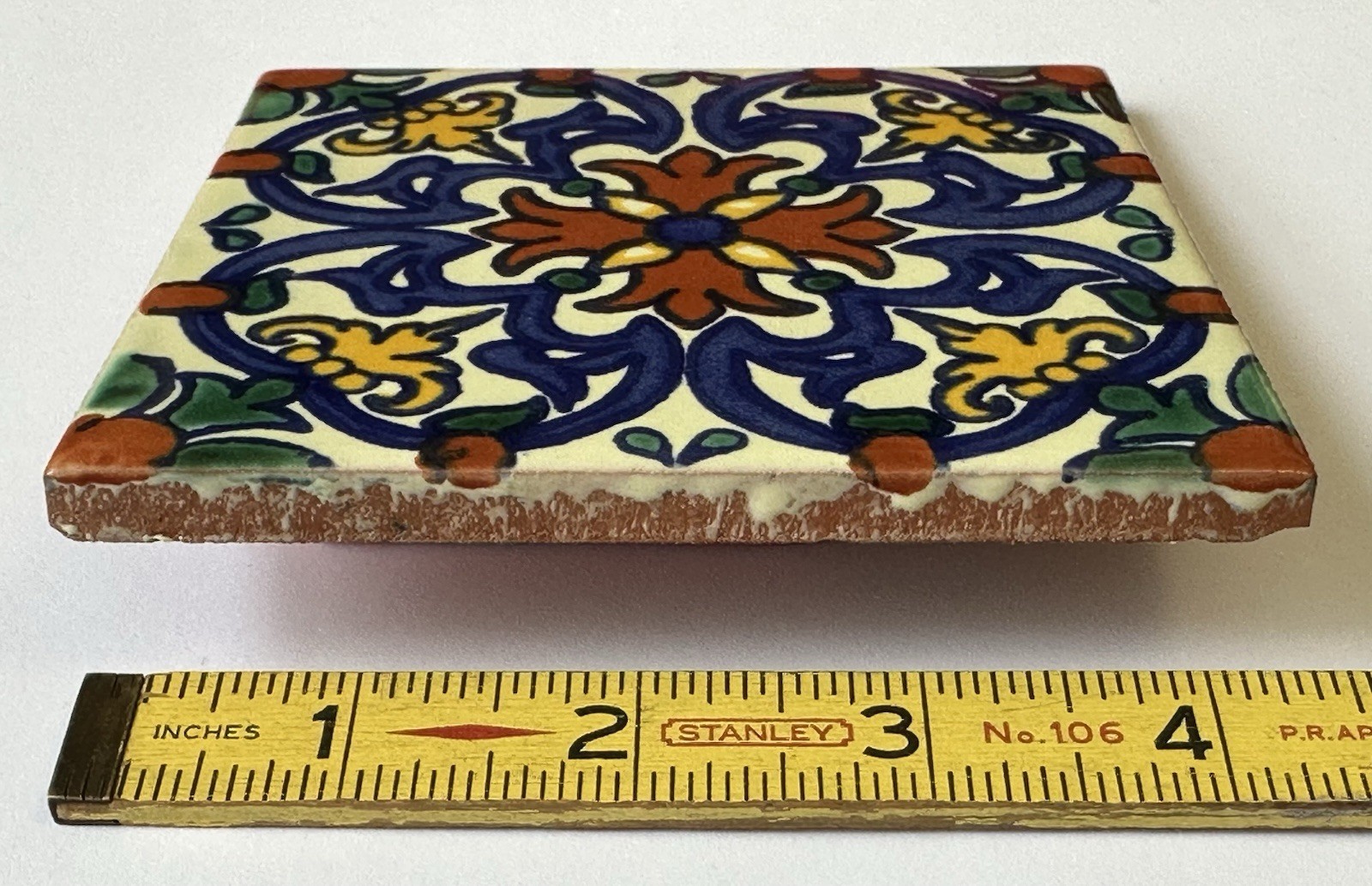 1 pc. 4-1/4″ Glazed Ceramic Tile, Colorful Spanish-Style Floral Medallion, red