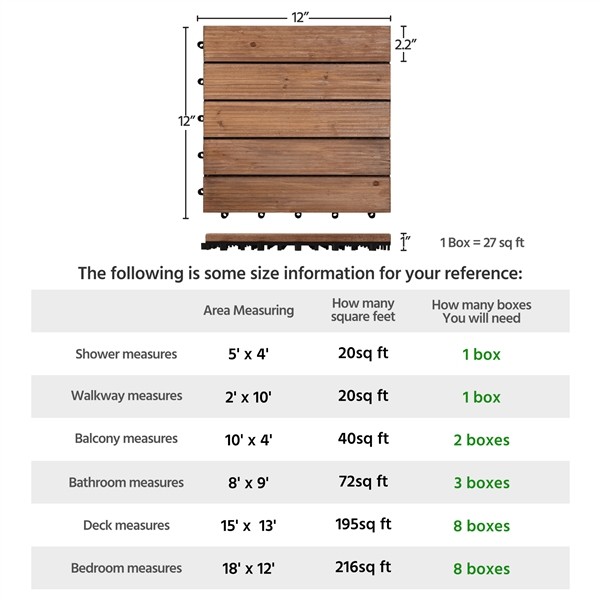 27pcs Wooden Patio Tiles Interlocking Flooring Deck Tile Outdoor Pathway 12×12”
