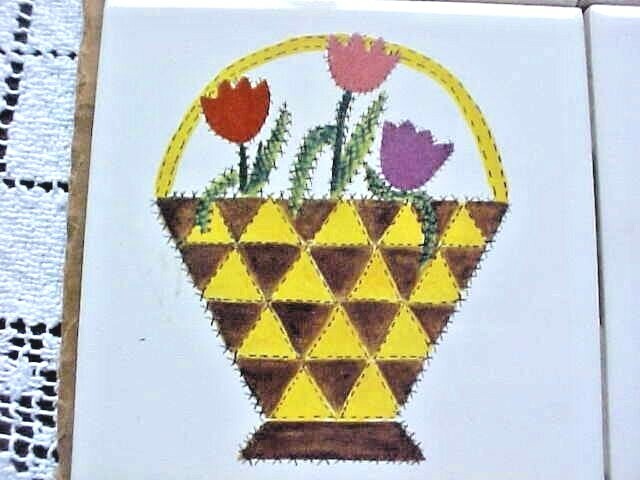 Country Quilt Ceramic Tiles 4 Total All Prints Differ 4-1/4” White Multi-color