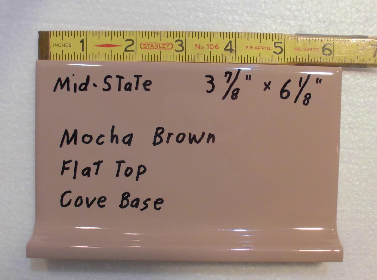 1 pc. Mocha – Brown Cove-Base Ceramic Tile 4″ X 6″ Mid-State: Glossy; stack on