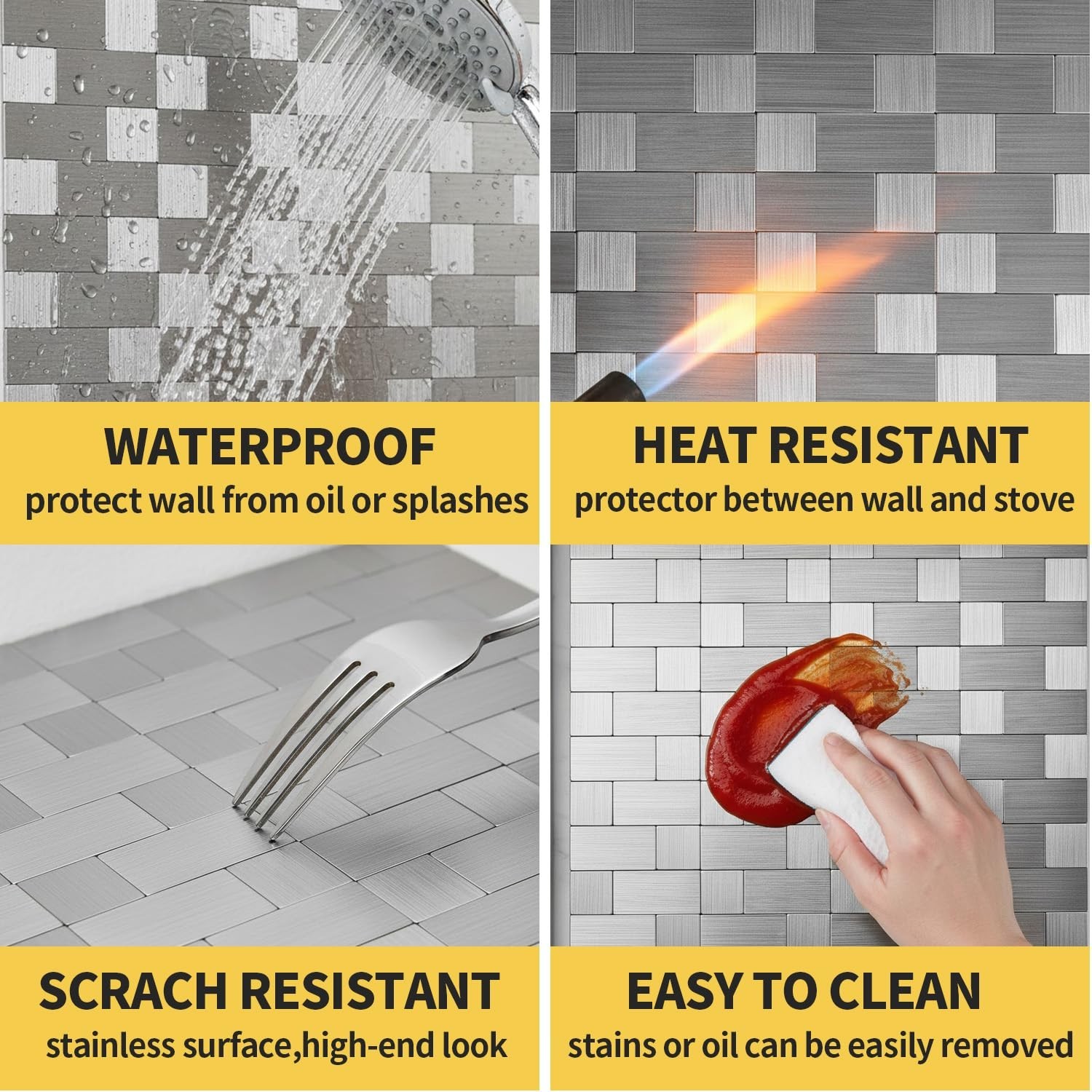 10-Sheet Peel and Stick Kitchen Backsplash, Stainless Steel Metal Tiles, 12″x12