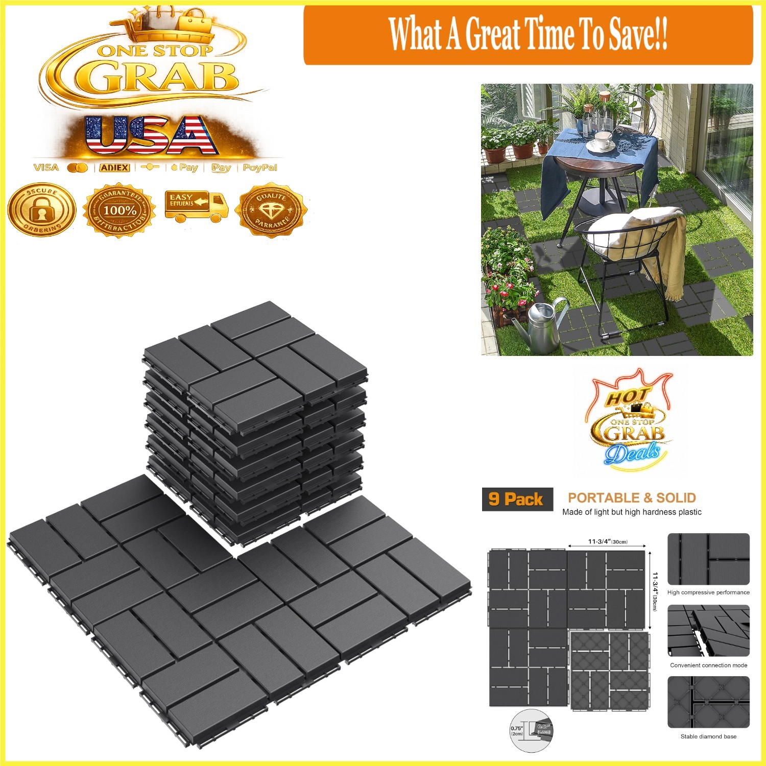 Plastic Interlocking Deck Tiles 9 Pack Outdoor Patio Flooring 12×12 Dark Grey