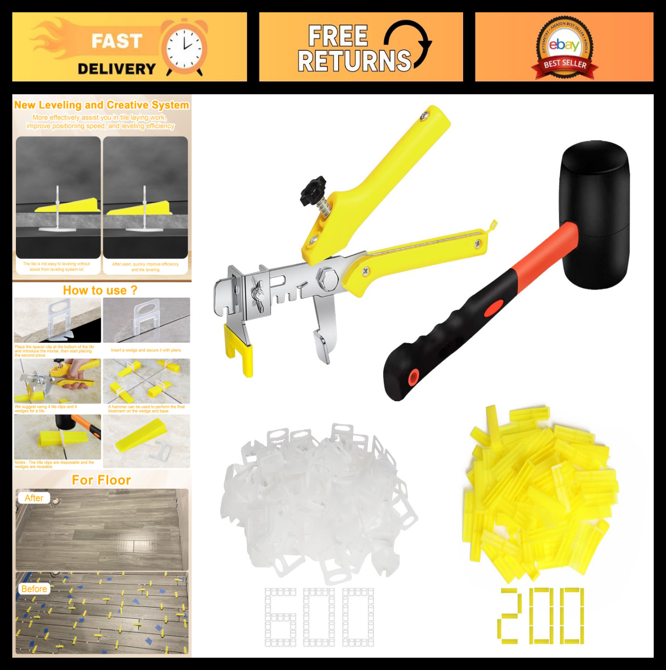 Tile Leveling System Kit – 600 Tile Spacers Clips, 200 Reusable Wedges & Pliers