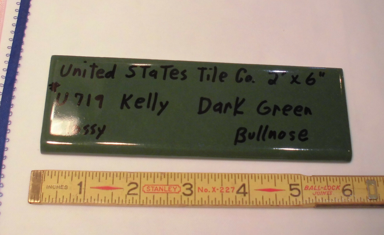 1 pc. Dark Greenest-Blue; Glossy Bullnose Surface Flat Ceramic Tile; NOS , USA