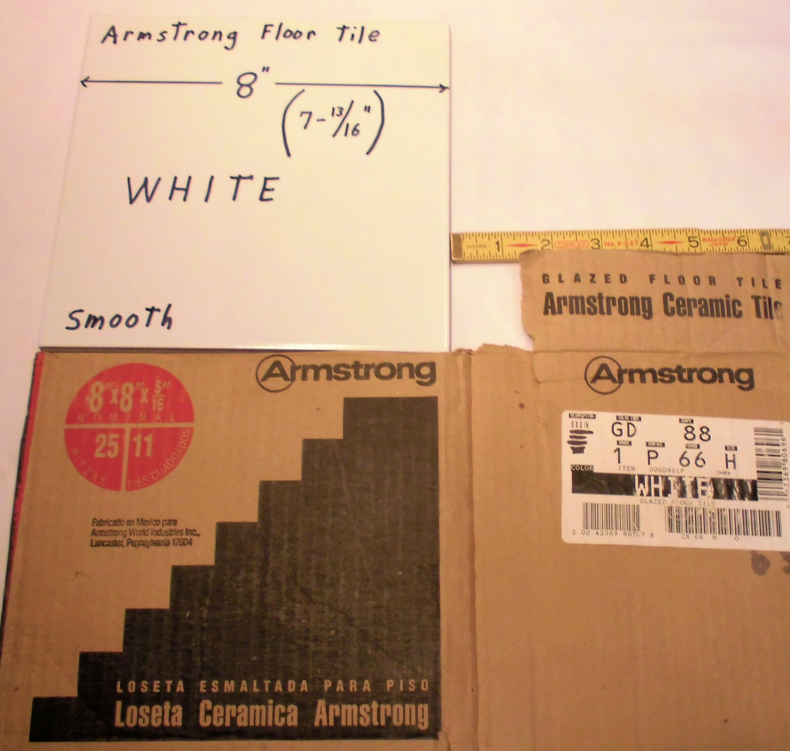 1 pc. Bright White* Ceramic Floor Tile 8″ X 8″ by Armstrong Co. Smooth NEW