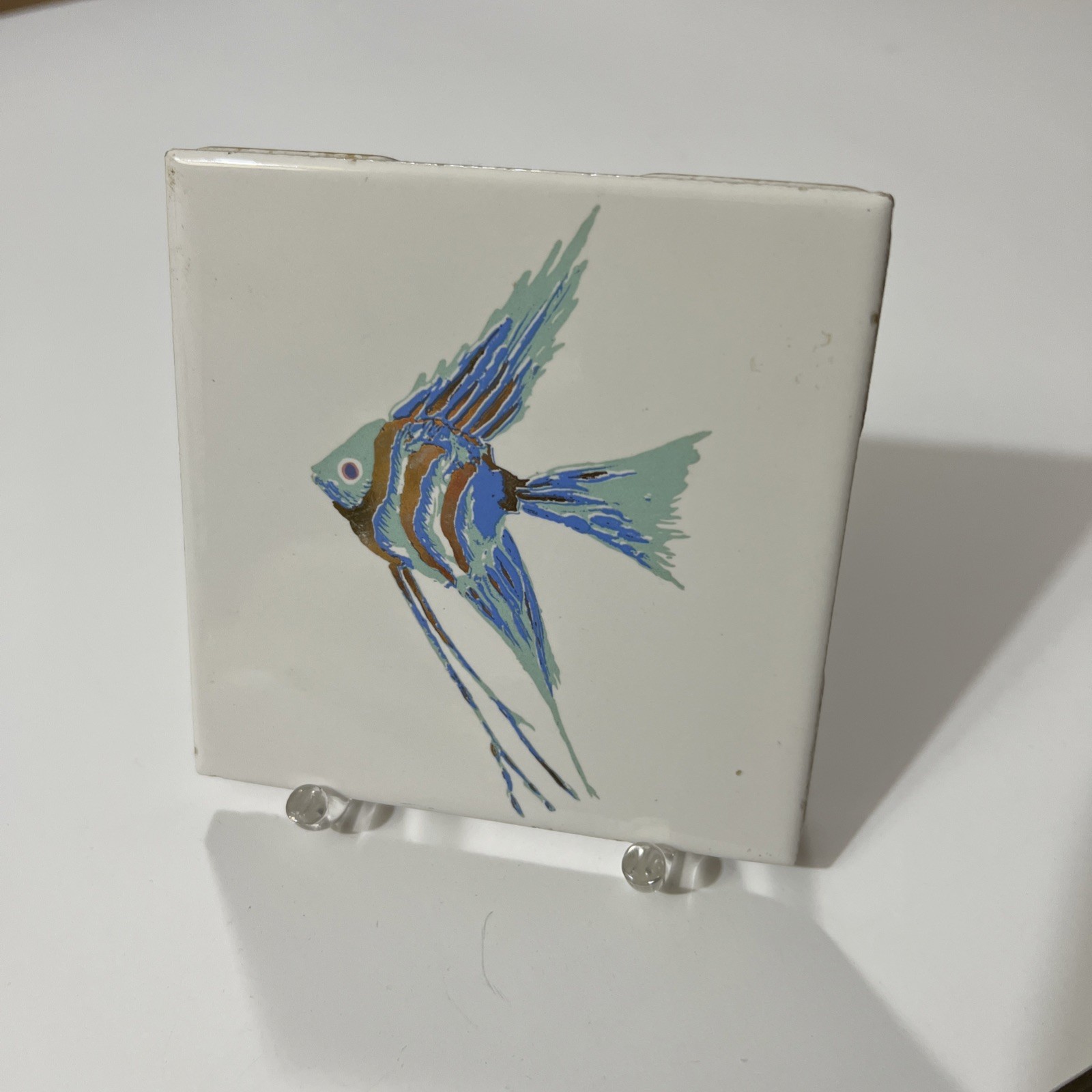 Fish Tile Decorative Angel Fish Blue & Gold With Acrylic Stand 4.25X4.25”