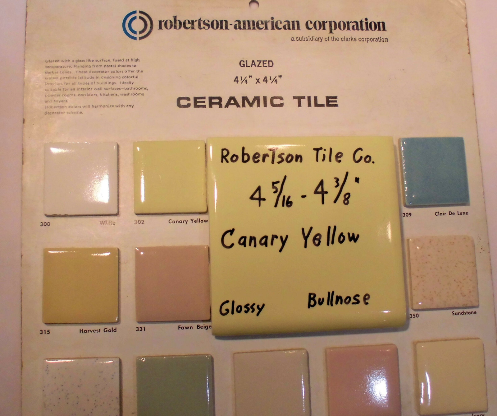 1 pc. Glossy Yellow Ceramic Tile 4-3/8″ ; Matches: Florida, Mosaic & Robertson