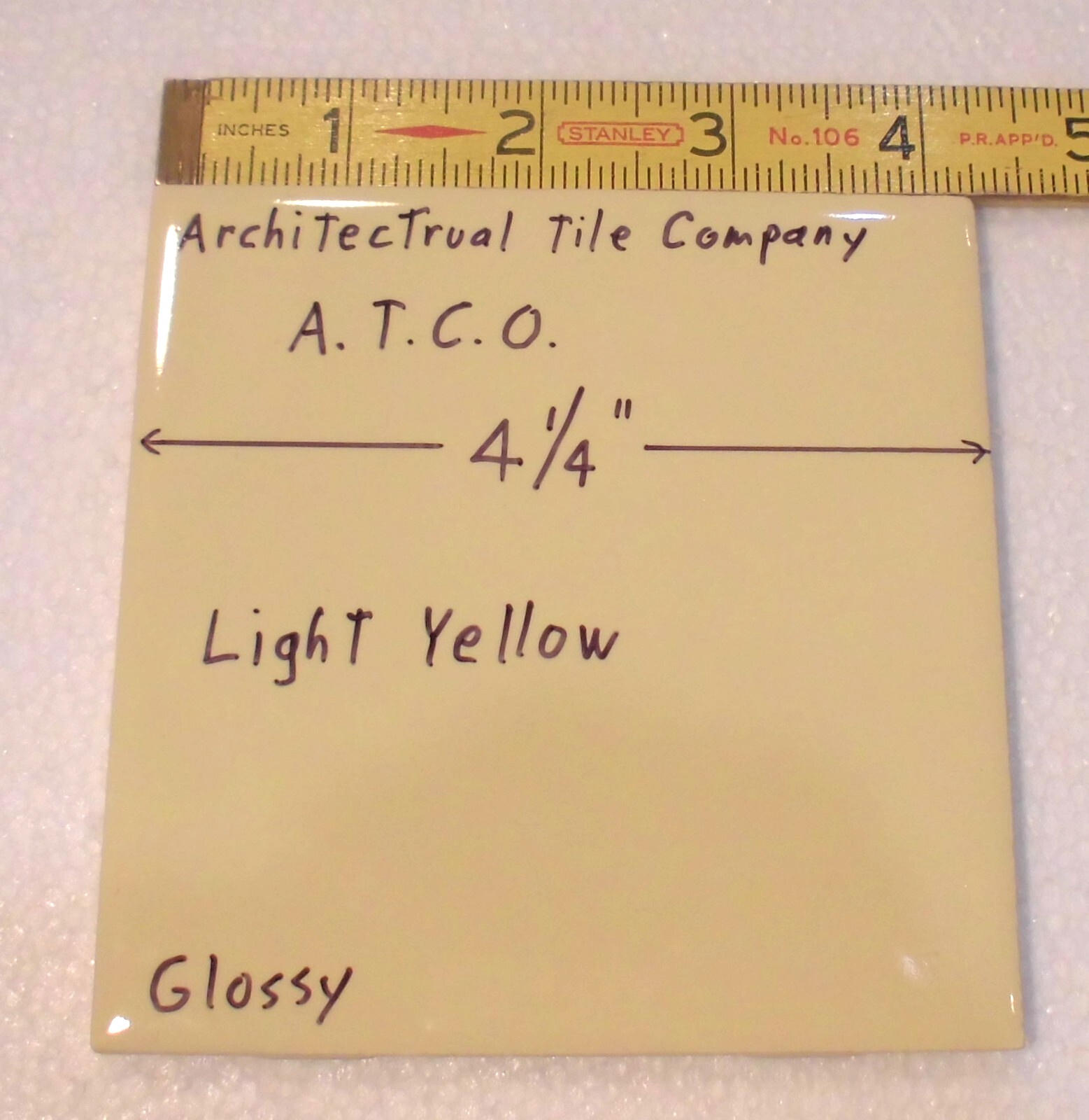 1 pc. Lighter Yellow: 4-1/4″ Glossy Ceramic Tile by A.T.C.O. Made in USA, New