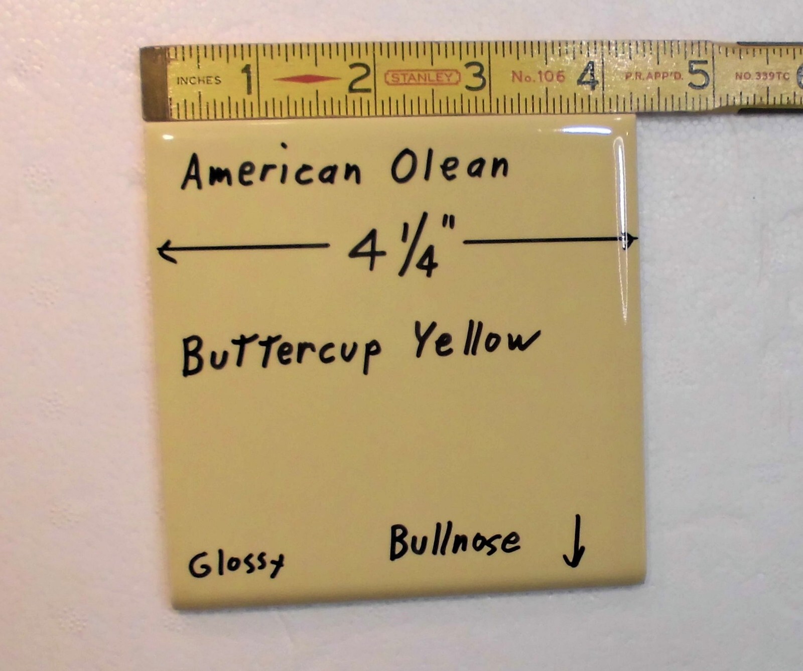1 pc. Buttercup Yellow: 4-1/4″ Glossy BULLNOSE Ceramic Tile: American Olean, NOS