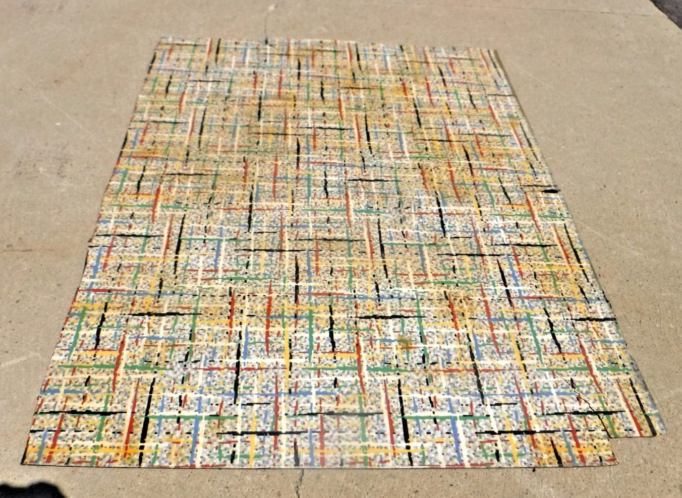 VTG~LINOLEUM FLOORING~L PIECE~45″x 60″~1950-60~MOVIE SET~MCM~GRAY GRID~PRIMARY E