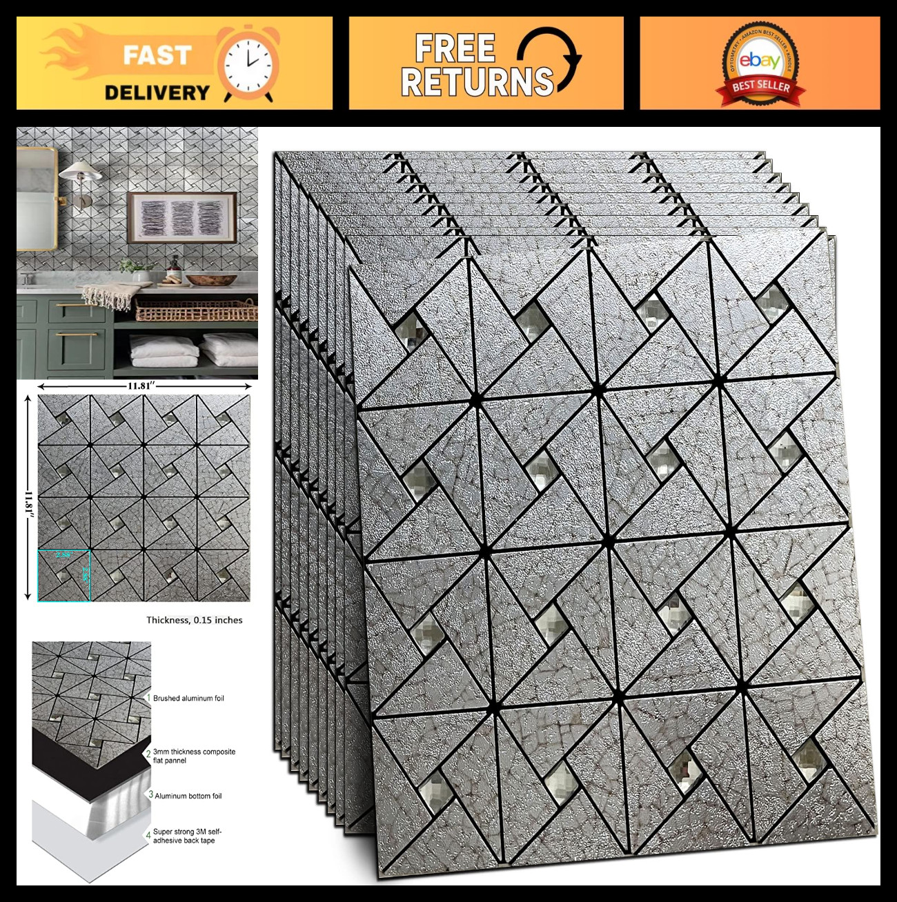 10-Sheet Peel and Stick Backsplash Tile – Self-Adhesive Metal Mosaic for Kitchen