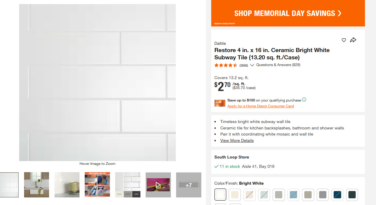 Pallet Sale – Daltile Restore 4in x 16in Ceramic Bright White Tile – 20 cases