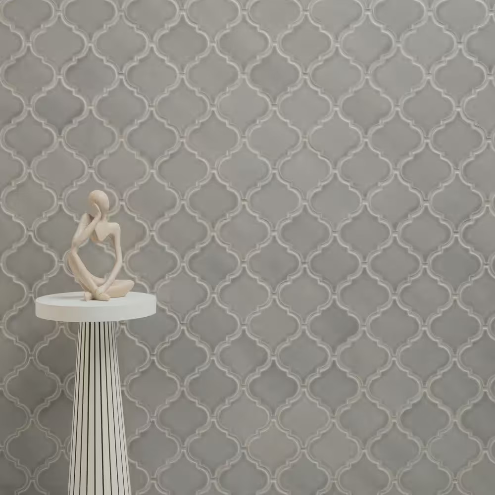 Dove Gray Arabesque 11 In. X 15 In. Crackled Glossy Ceramic Mosaic Kitchen & Bat