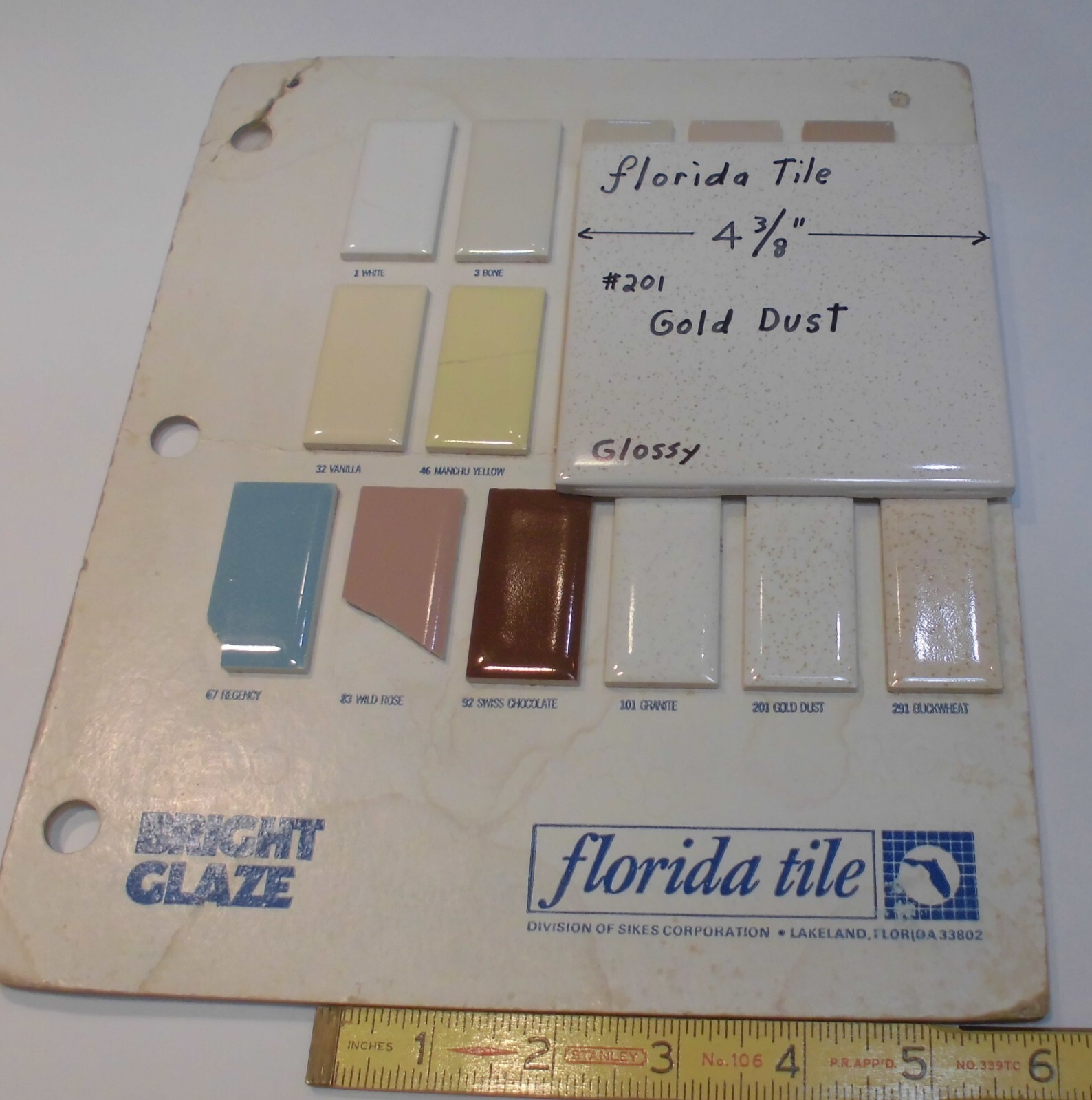 1 pc. Gold Dust: 4-3/8″ Glossy Ceramic Tile by Florida Tile Co. NOS, Speckled