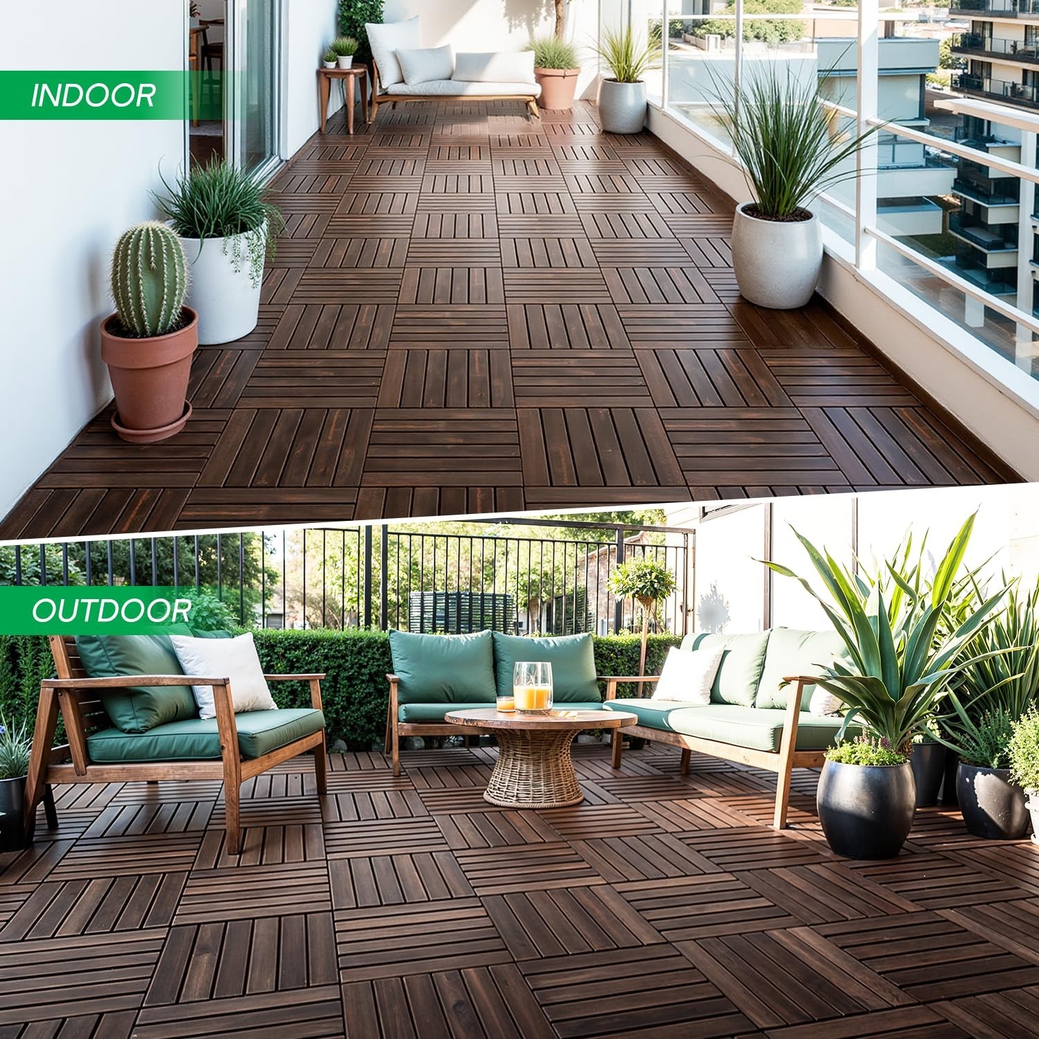 10 PCS Interlocking Deck Tiles – Waterproof Acacia Wood for Indoor & Outdoor Use