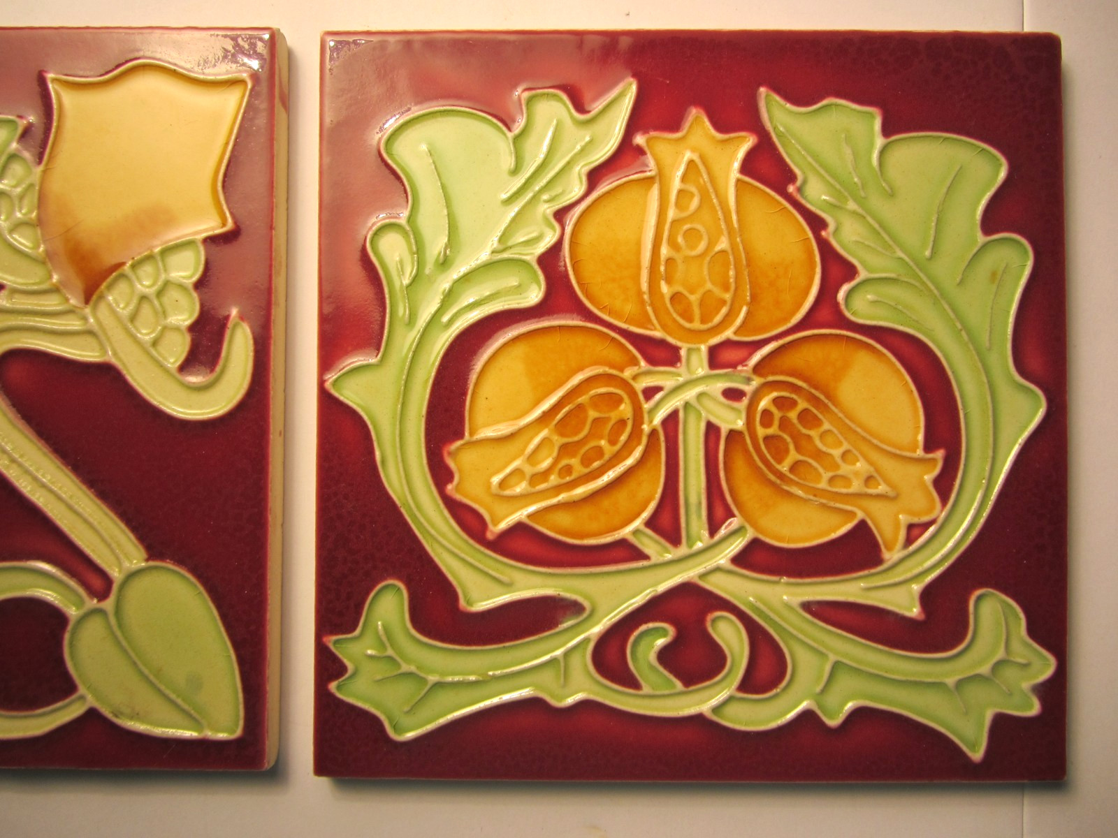 2 ART NOUVEAU TILES 6″ X 6″ BURGUNDY, GREENS & YELLOW Used Reproductions