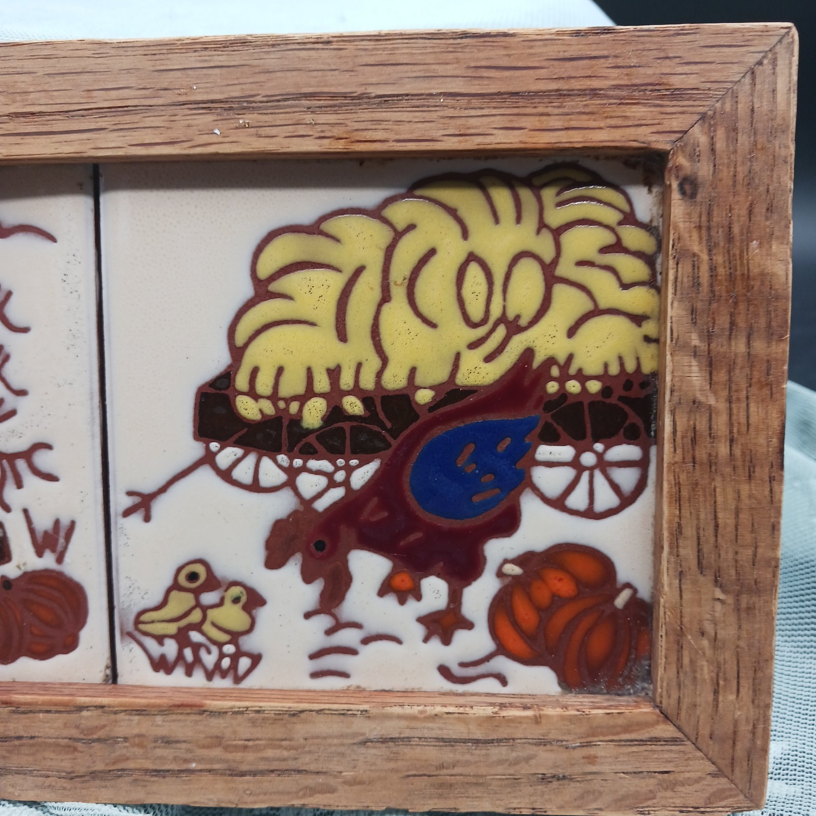VTG Ceramic Tile Framed Wall art Barn Hen Chicks Pumpkin Trivet Country Farmcore
