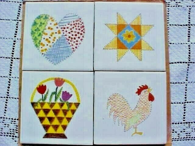 Country Quilt Ceramic Tiles 4 Total All Prints Differ 4-1/4” White Multi-color