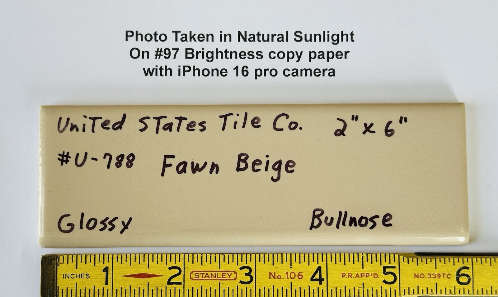 1 pc. Fawn Beige: Glossy Ceramic Surface Bullnose Trim Flat Tiles: Light Brown