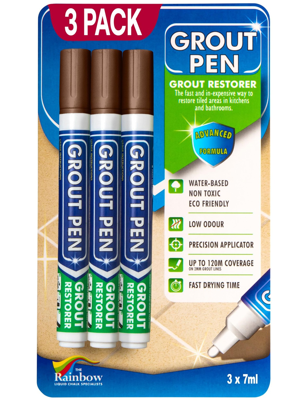 Grout Pen Brown Tile Grout Paint: Waterproof, Narrow 5mm Tip (7mL) – 3 Pack