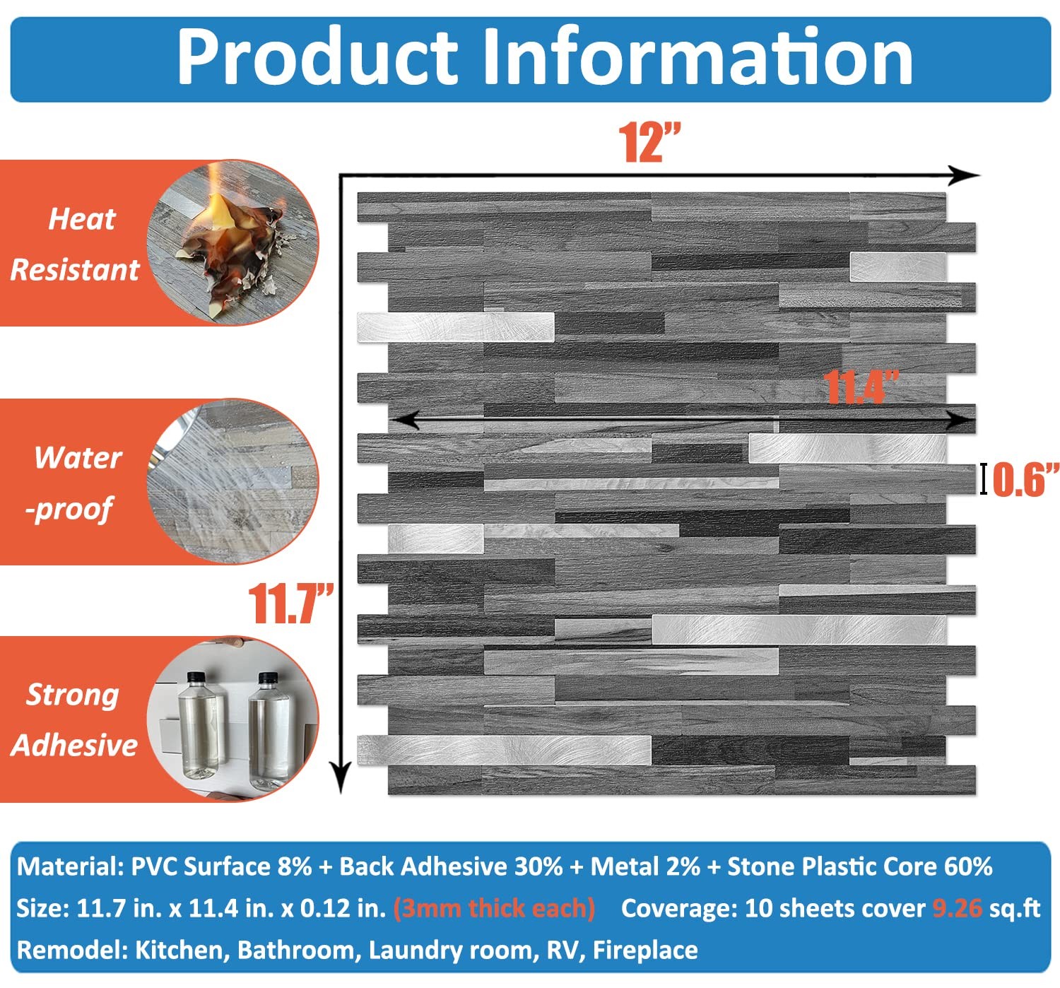 10-Sheet Peel and Stick Backsplash Tile, Black & Grey Wood Look PVC Mixed Met…
