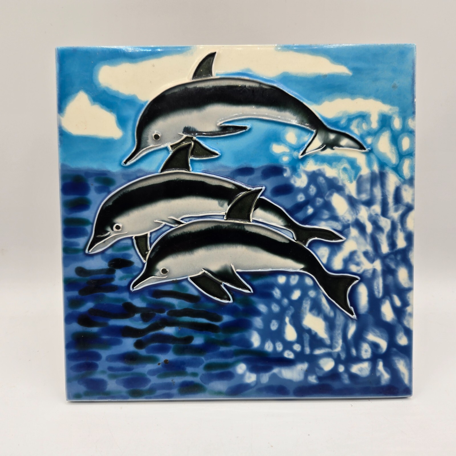 Dolphins Jumping Waves Decorative Wall Art Standing Ceramic Tile Ocean Sea Decor