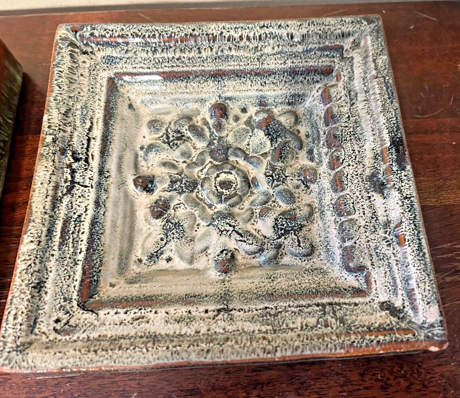 2 Decorative Square Rustic Ceramic Pottery Tiles Wall Hangers 6.5 x 6.5 in