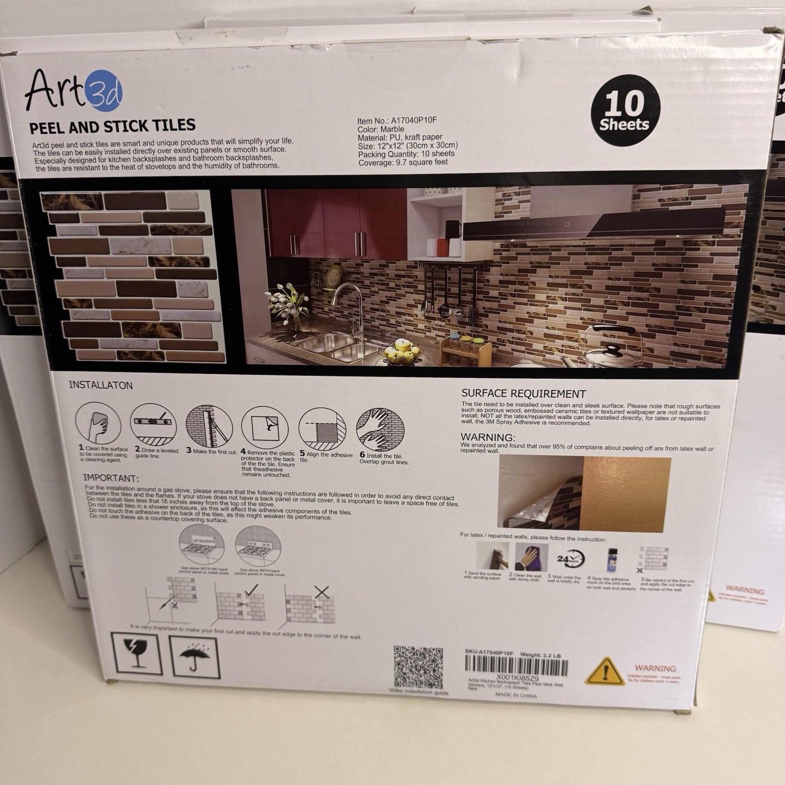 Art3d Peel & Stick Backsplash Tiles Marble 12×12 Lot of 4 (40 Sheets) NEW Sealed
