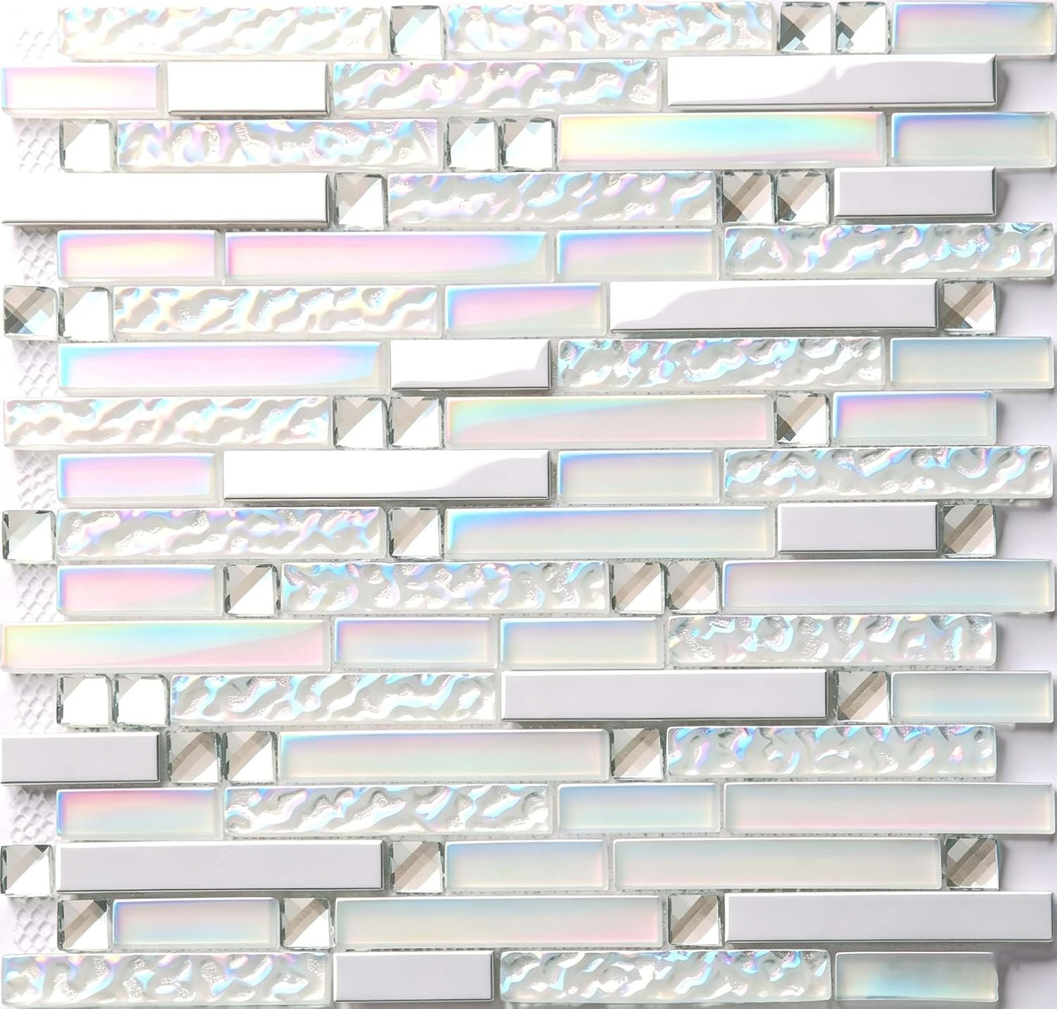 Iridescent White Silver Glass Tile Backsplash for Kitchen & Bath 5 Sq Ft