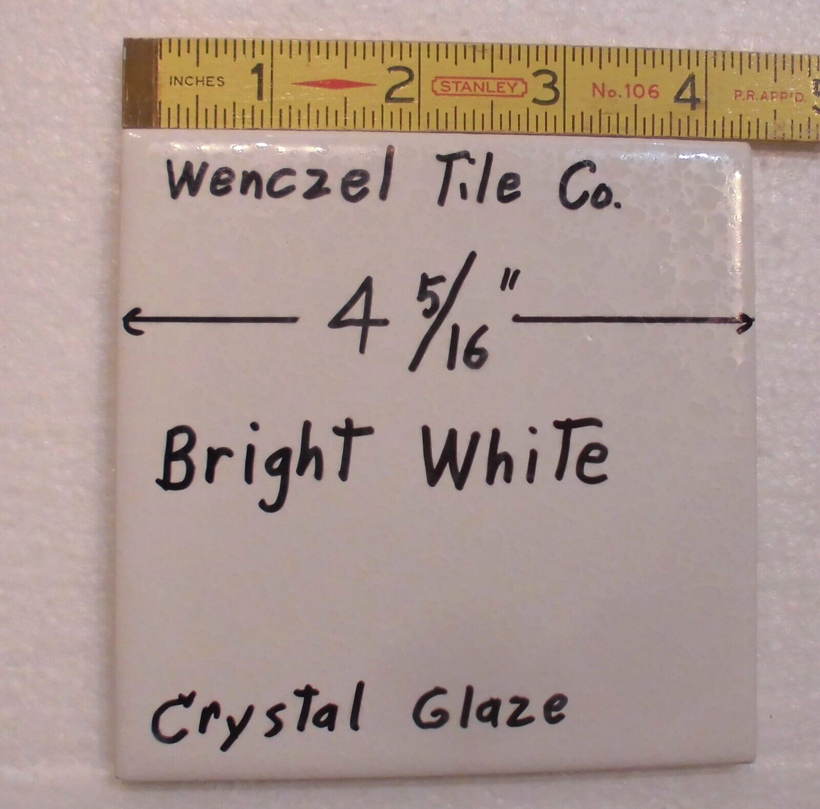 1 pc. White: Crystal Glaze; Ceramic Tile by Wenczel Co. 4-5/16″ made 1970’s 80’s