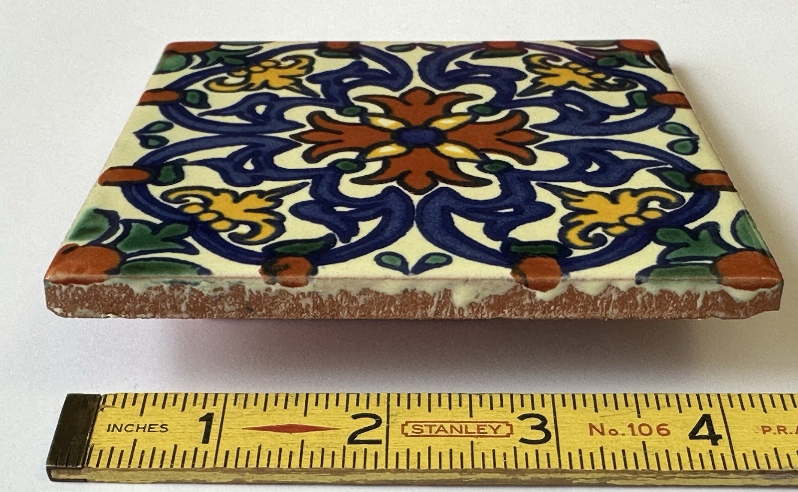 1 pc. 4-1/4″ Glazed Ceramic Tile, Colorful Spanish-Style Floral Medallion, red