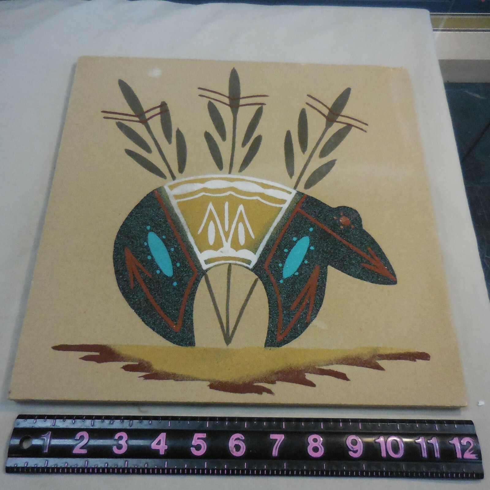 WOODEN BOARD WITH INDIAN PAINTED ARTWORK 12″ X 12″ SIGNED BEAR BRYAN