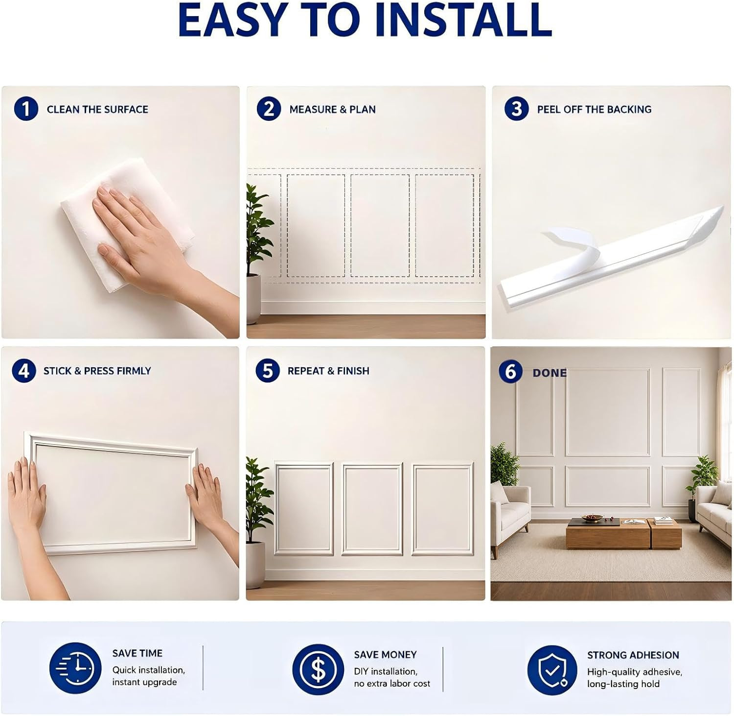 3 Set Peel and Stick Wall Molding Kit, Premade Self Adhesive Wainscoting Panels,