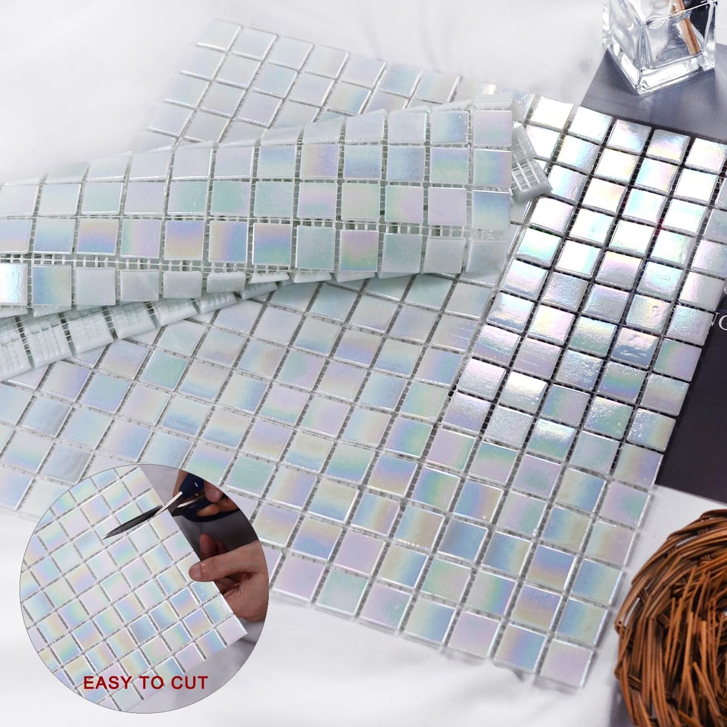 11.5sq.ft Iridescent White Glass Mosaic Tile for Bathroom, Pool, Backsplash |…
