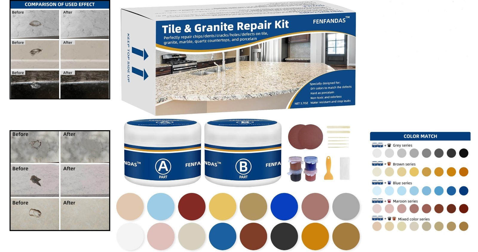 Tile and Granite Repair Kit for Chips Cracks Holes Quartz Marble Countertops …