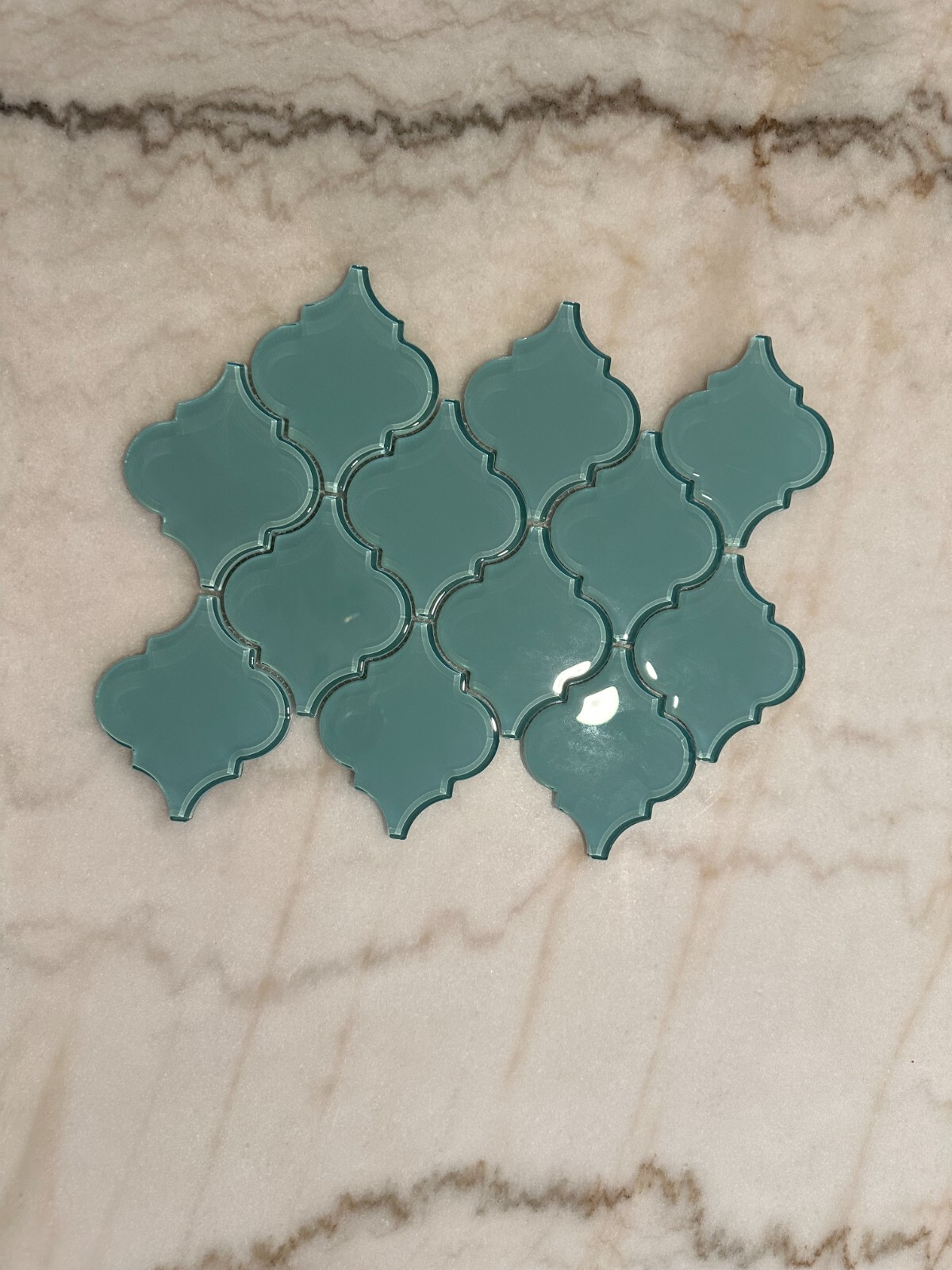 Aqua Blue Arabesque Glossy Glass Mosaic 9″x13″ Offset