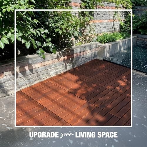 Premium Acacia Wood Interlocking Deck Tiles, 12″x12″x0.9″ Dark Brown – Striped